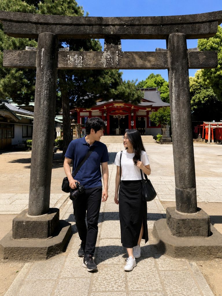 品川神社、鳥居と本殿、佐久間とやよい