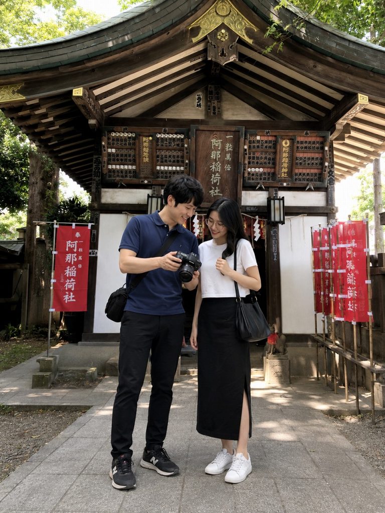 品川神社内、阿那稲荷社、参拝する女性