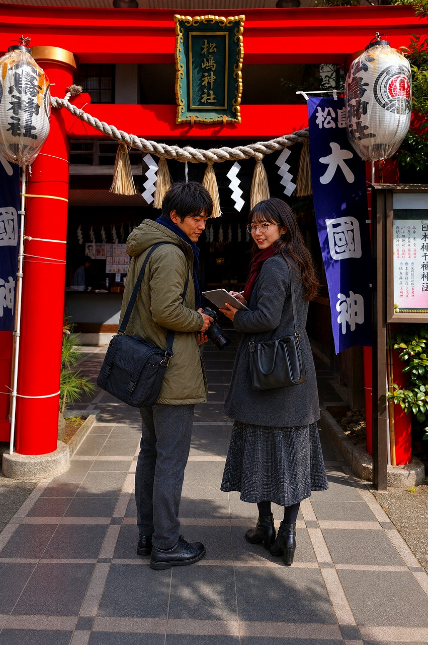 松島神社鳥居にて、佐久間とやよい