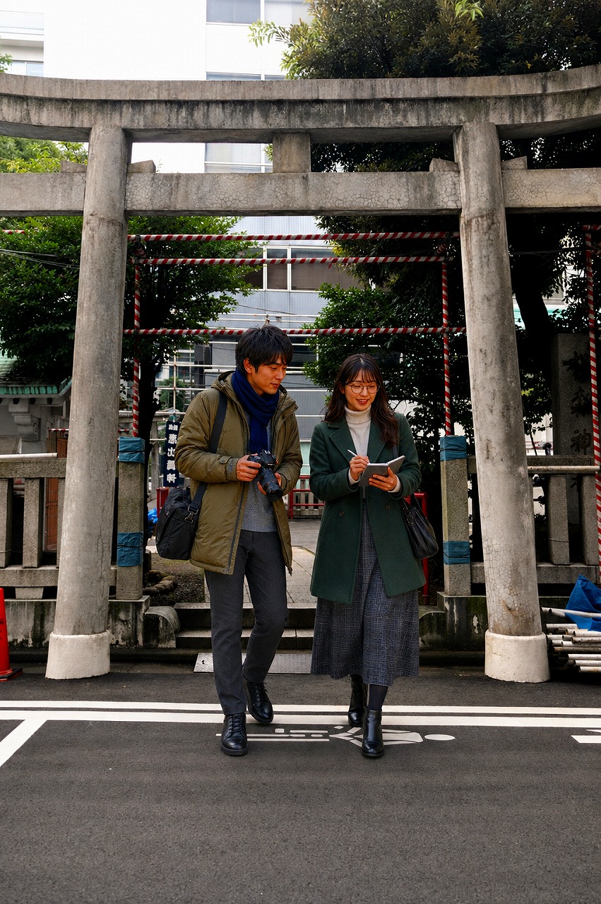 椙森神社鳥居前、佐久間とやよい
