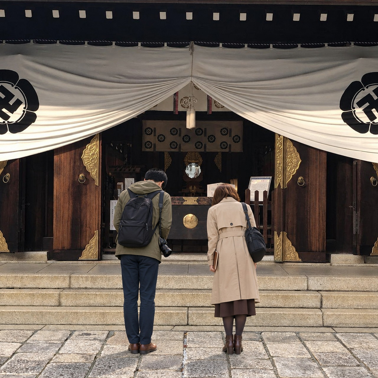 松陰神社、拝殿前、近藤君とまゆみさん